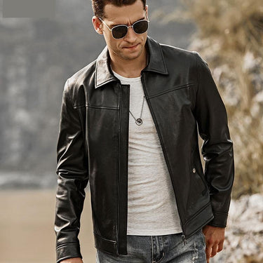 Men's Black Real Lambskin Leather Motorcycle Jacket with Turn-down Collar - SolaceConnect.com