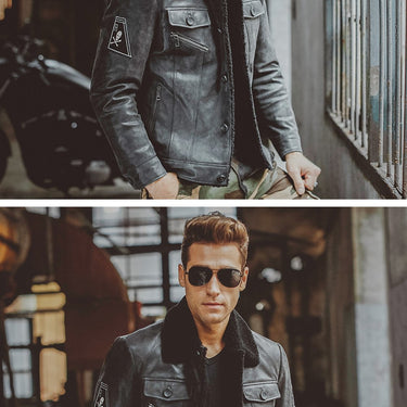 Men's Black Real Pigskin Leather Motorcycle Jackets with Fur Collar - SolaceConnect.com