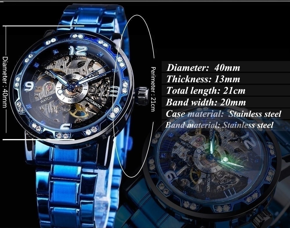 Men's Blue Diamond Transparent Skeleton Mechanical Wrist Watch  -  GeraldBlack.com