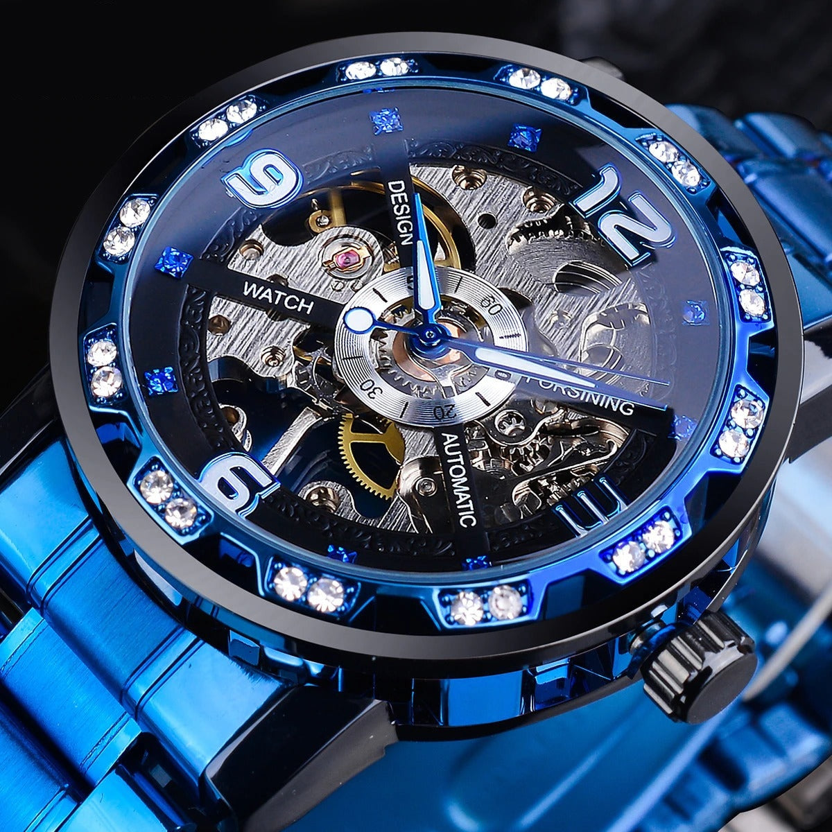 Men's Blue Diamond Transparent Skeleton Mechanical Wrist Watch  -  GeraldBlack.com