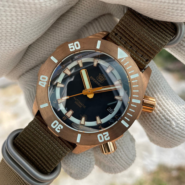 Men's Bronze Mechanical Watch Two Crowns Desgin Chronograph Bezel 3000M Waterproof Diving Wristwatch  -  GeraldBlack.com