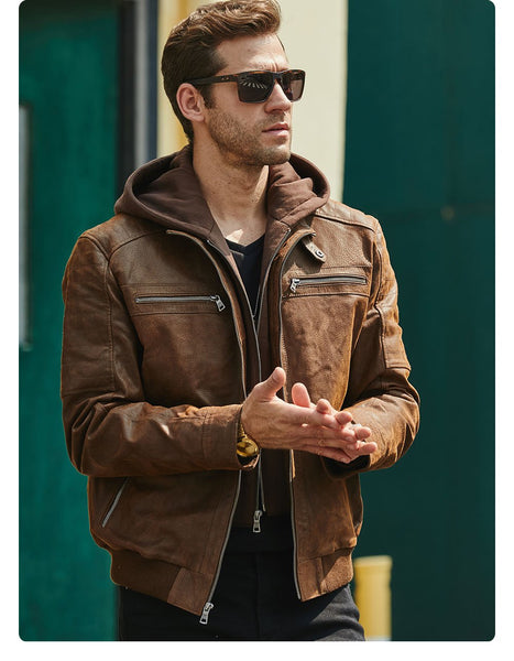 Men's Brown Warm Jacket Made Of Genuine Leather with a Removable Hood - SolaceConnect.com