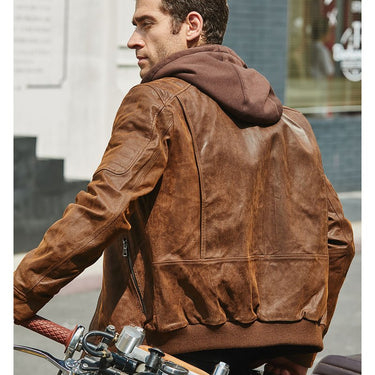 Men's Brown Warm Jacket Made Of Genuine Leather with a Removable Hood - SolaceConnect.com