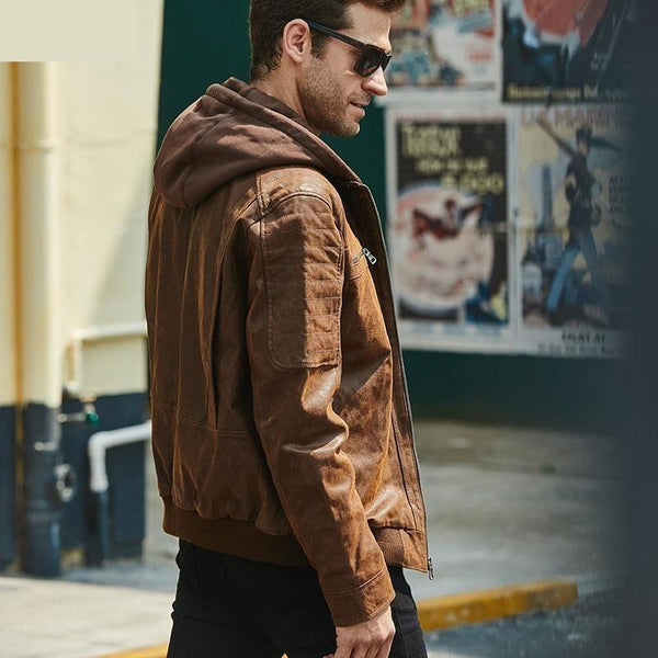 Men's Brown Warm Jacket Made Of Genuine Leather with a Removable Hood  -  GeraldBlack.com