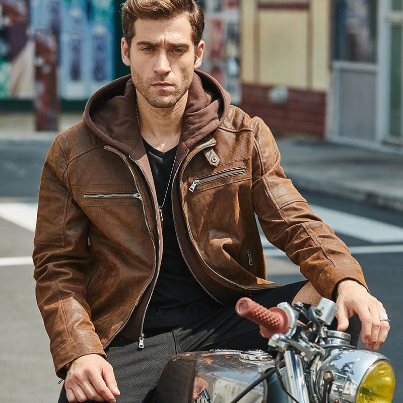 Men's Brown Warm Jacket Made Of Genuine Leather with a Removable Hood  -  GeraldBlack.com