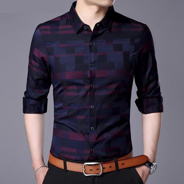 Men's Business Casual Plaid Pattern Long Sleeves Single Breasted Shirt - SolaceConnect.com