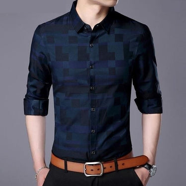 Men's Business Casual Plaid Pattern Long Sleeves Single Breasted Shirt - SolaceConnect.com