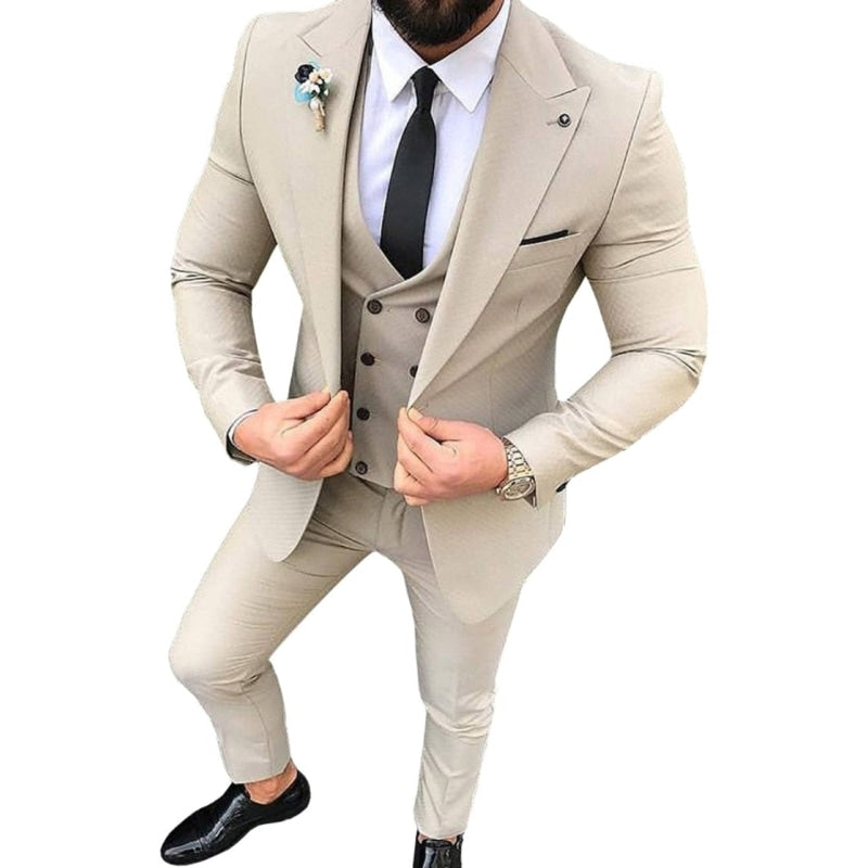 Men's Casual Beige Lapel Tuxedo Wedding Business Blazer Vest Pants  -  GeraldBlack.com