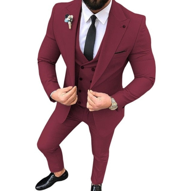 Men's Casual Burgundy Lapel Tuxedo Wedding Business Blazer Vest Pants  -  GeraldBlack.com