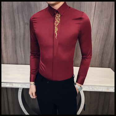 Men's Casual Business Vintage Embroidered Long Sleeve Slim Shirt  -  GeraldBlack.com
