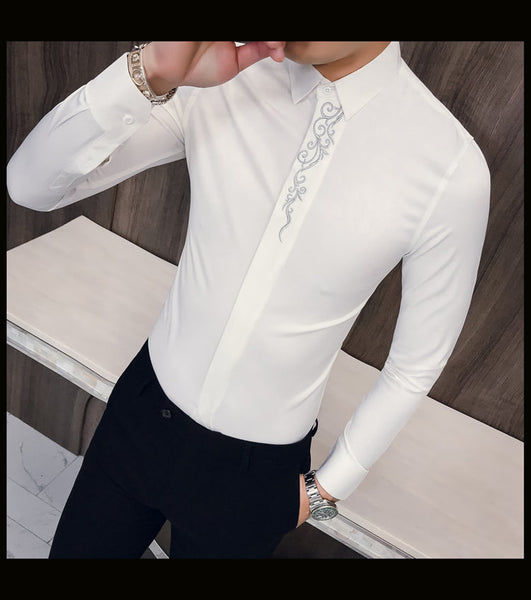 Men's Casual Business Vintage Embroidered Long Sleeve Slim Shirt  -  GeraldBlack.com