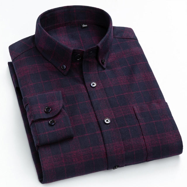 Men's Casual Button Down Brushed Cotton Shirt Long Sleeve Standard-fit Comfortable Thick Gingham Plaid Flannel Shirts  -  GeraldBlack.com