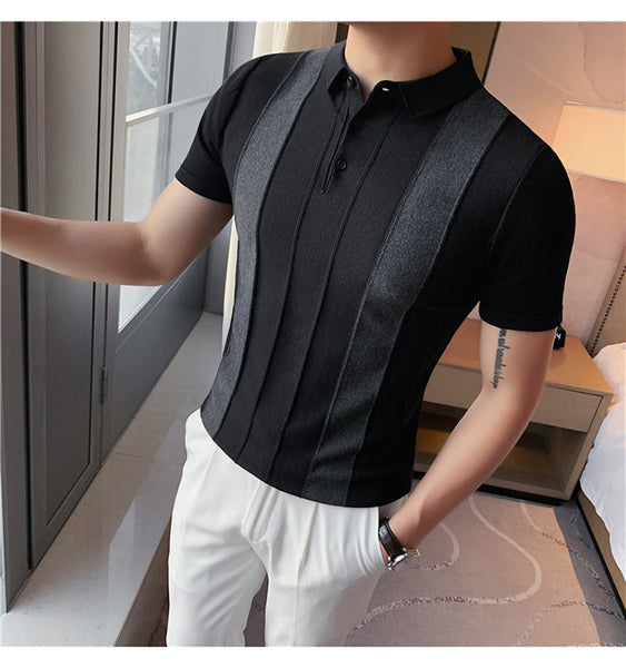 Men's Casual Contrast Striped Knitted Short Sleeve Polo Slim Tee Shirt  -  GeraldBlack.com