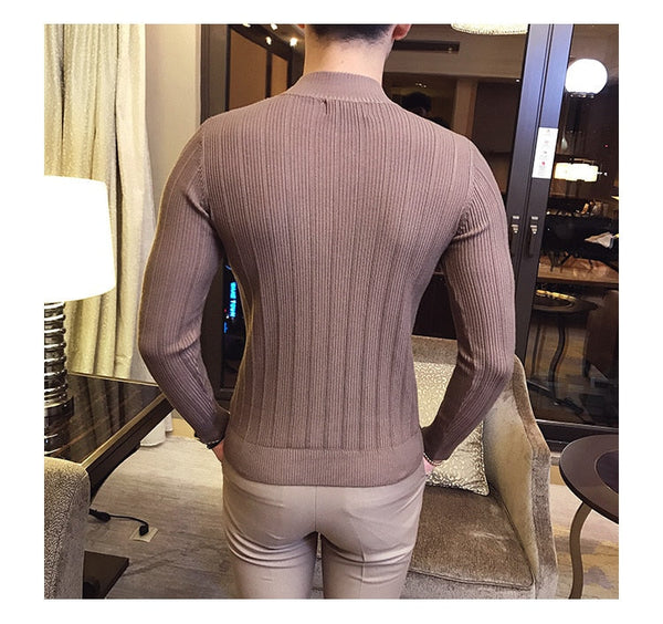 Men's Casual Cotton Stretch Tight Slim Fit Striped O-Neck Sweaters  -  GeraldBlack.com