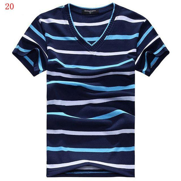 Men's Casual Fashion V-Neck Short Sleeve Cotton Striped T-Shirts - SolaceConnect.com