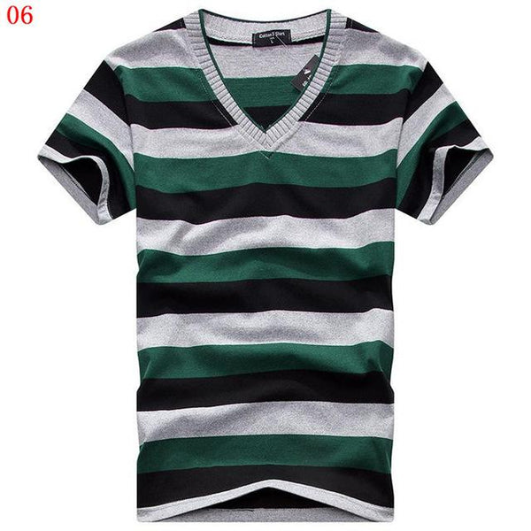 Men's Casual Fashion V-Neck Short Sleeve Cotton Striped T-Shirts - SolaceConnect.com