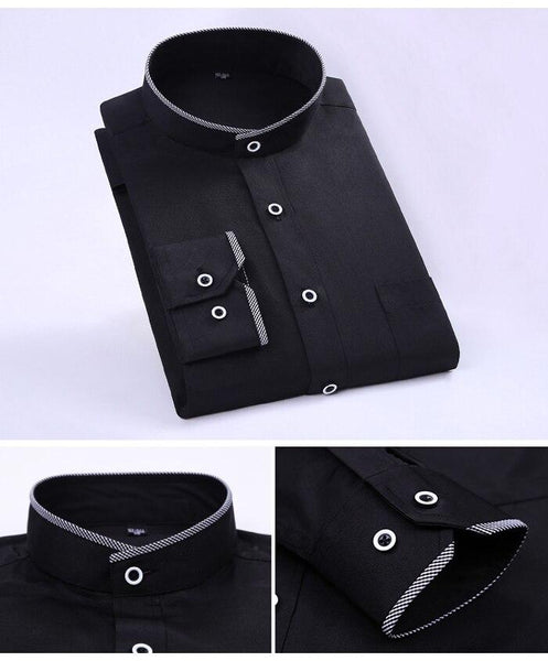 Men's Casual Long Sleeve Band Collar Single Patch Pocket Shirts - SolaceConnect.com