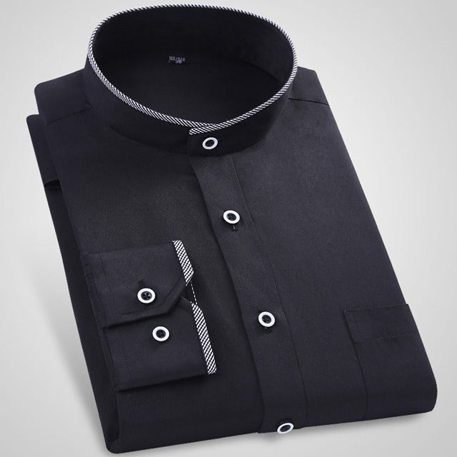 Men's Casual Long Sleeve Band Collar Single Patch Pocket Shirts  -  GeraldBlack.com
