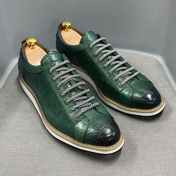 Men's Casual Shoes Genuine Cow Leather Fashion Handmade Crocodile Print Lace Up Sports Daily Flat Breathable Shoes  -  GeraldBlack.com
