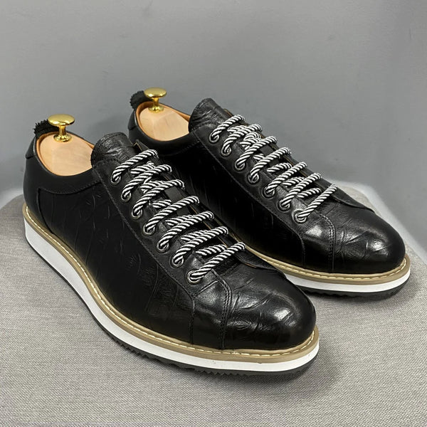 Men's Casual Shoes Genuine Cow Leather Fashion Handmade Crocodile Print Lace Up Sports Daily Flat Breathable Shoes  -  GeraldBlack.com
