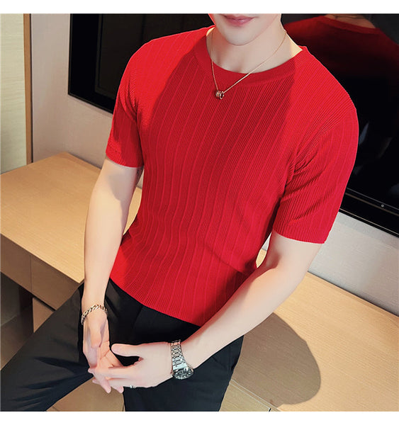 Men's Casual Slim Fit Elasticity Knitted Round Neck Short Sleeve T-Shirt  -  GeraldBlack.com