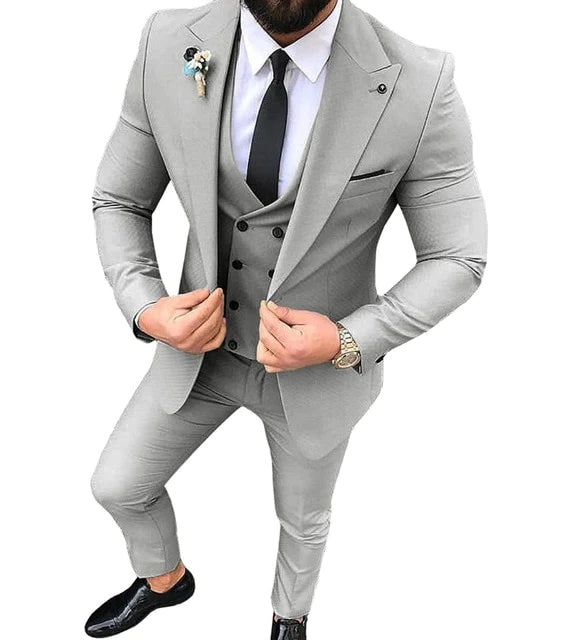 Men's Casual Slim Fit Silver Grey Lapel Blazer Pants Vest 3 Piece Suit  -  GeraldBlack.com