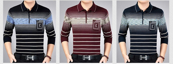 Men's Casual Spring Striped Long Sleeve Polo Shirt Men Poloshirt Jersey Pocket Dress Fashions  -  GeraldBlack.com