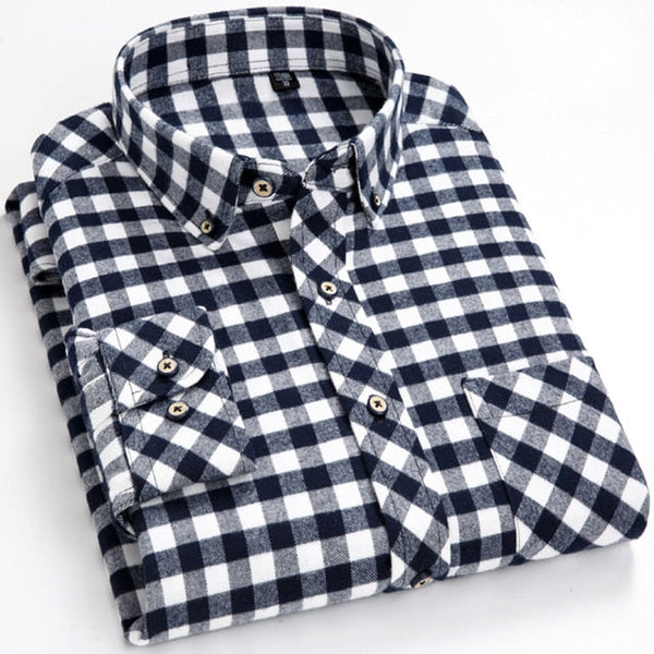 Men's Casual Standard-fit Long Sleeve Brushed Flannel Shirt Single Patch Pocket Button Down Plaid Checkered Thick Cotton Shirts  -  GeraldBlack.com