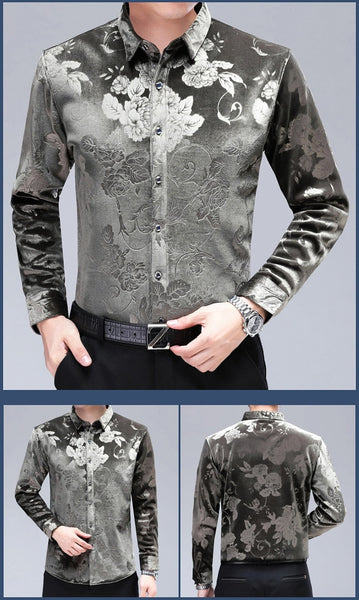 Men's Casual Winter Warm Thick Luxury Slim Fit Flower Men Shirt Streetwear Social Dress Shirts Jersey  -  GeraldBlack.com