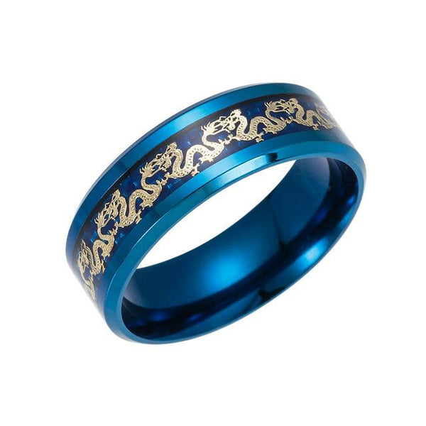 Men's Chinese Traditional Gold Dragon Inlay Ring in Blue Stainless Steel - SolaceConnect.com