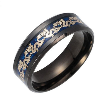 Men's Chinese Traditional Gold Dragon Inlay Ring in Blue Stainless Steel  -  GeraldBlack.com