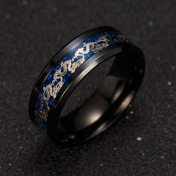 Men's Chinese Traditional Gold Dragon Inlay Ring in Blue Stainless Steel  -  GeraldBlack.com