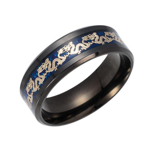 Men's Chinese Traditional Gold Dragon Inlay Ring in Blue Stainless Steel - SolaceConnect.com