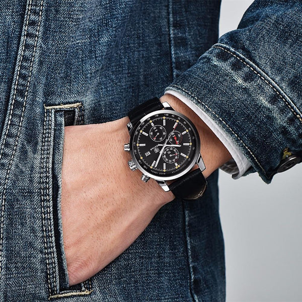 Men's Chronograph FashionGenuine Leather Luxury Sports Quartz Watches - SolaceConnect.com