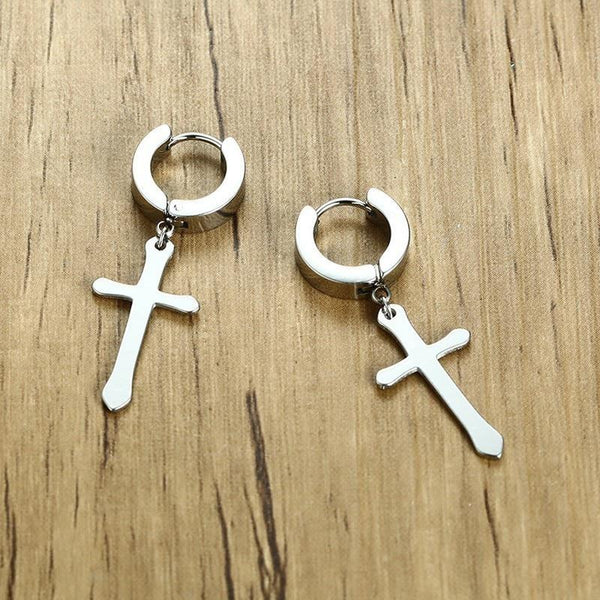 Men's Classic Black Gold Silver Stainless Steel Cross Dangle Earrings - SolaceConnect.com