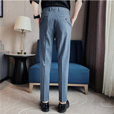 Men's Classic Formal Business Mid Waist Zipper Fly Striped Slim Pants  -  GeraldBlack.com
