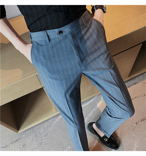 Men's Classic Formal Business Mid Waist Zipper Fly Striped Slim Pants  -  GeraldBlack.com