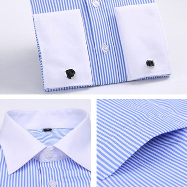 Men's Classic French Cuffs Striped Dress Single Patch Pocket Standard-fit Long Sleeve Wedding Shirts (Cufflink Included)  -  GeraldBlack.com