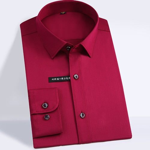 Men's Classic Long Sleeve Solid Basic Dress Pocket-less Design Regular-fit Non-iron Bamboo Fiber Business Stretch Shirts  -  GeraldBlack.com