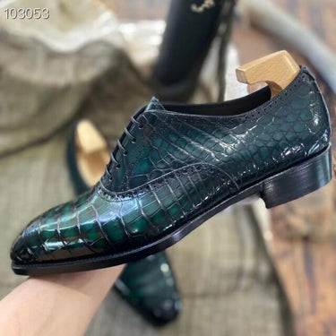 Men's Classic Retro Style Leather Dark Green Crocodile Pattern Oxford Shoes  -  GeraldBlack.com