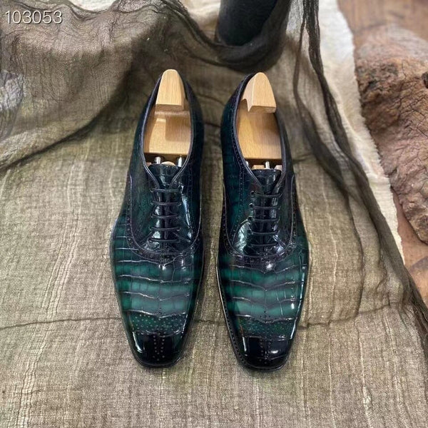 Men's Classic Retro Style Leather Dark Green Crocodile Pattern Oxford Shoes  -  GeraldBlack.com