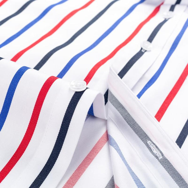 Men's Color Block Striped Wrinkle-Resistant Long Sleeve Hidden Button Shirt - SolaceConnect.com
