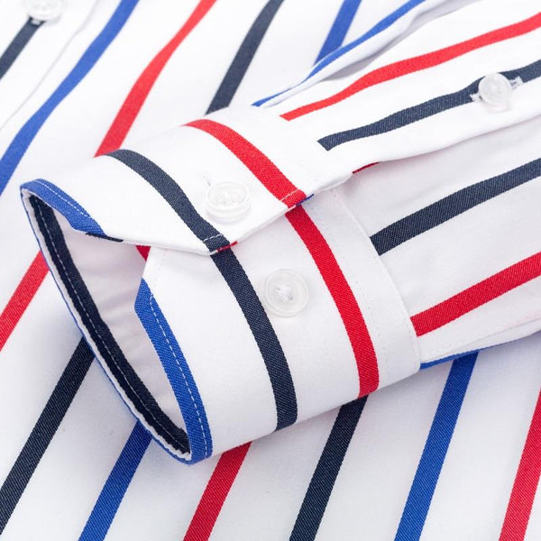 Men's Color Block Striped Wrinkle-Resistant Long Sleeve Hidden Button Shirt - SolaceConnect.com