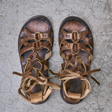 Men's Cowhide Genuine Leather Handmade High Top Lace-up Gladiator Sandals - SolaceConnect.com