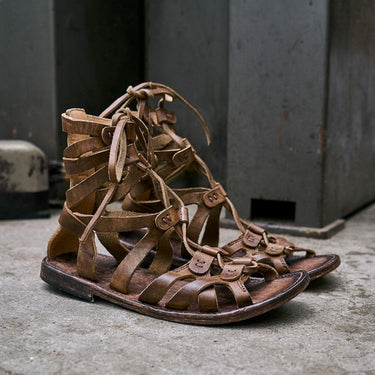 Men's Cowhide Genuine Leather Handmade High Top Lace-up Gladiator Sandals - SolaceConnect.com