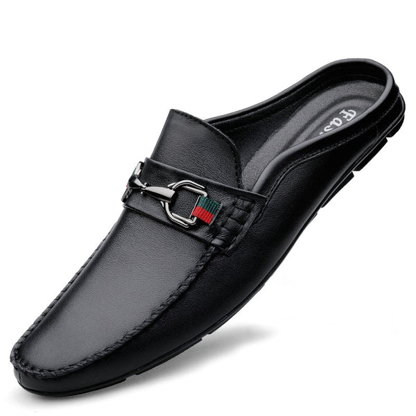 Men's Cowhide Leather First Layer Backless Open Back Comfy Half Shoes  -  GeraldBlack.com