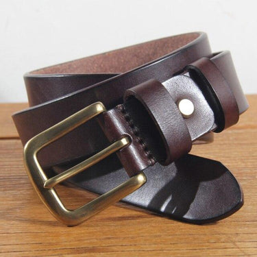 Men's Cowhide Leather Belts Brass Pin Buckle Metal Belt for Men Fancy Vintage Jeans Accessories - SolaceConnect.com