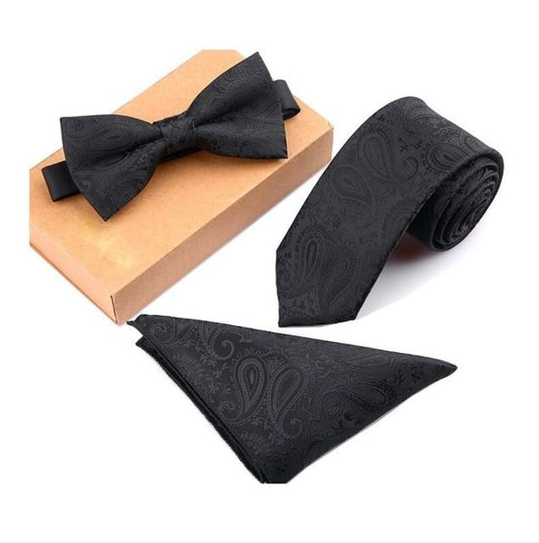 Men's Cravate Slim Tie Bow Tie Handkerchief and Pocket Square Set  -  GeraldBlack.com