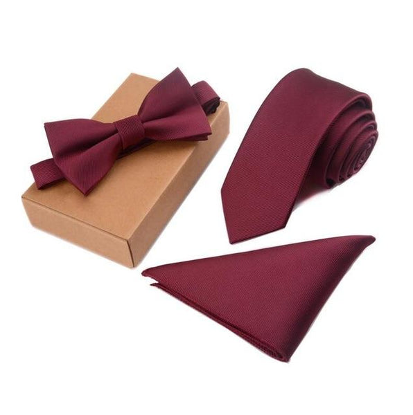 Men's Cravate Slim Tie Bow Tie Handkerchief and Pocket Square Set - SolaceConnect.com