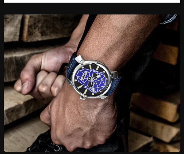 Men's Creative Luxury Blue Skull Fashion Leather Quartz Watches - SolaceConnect.com